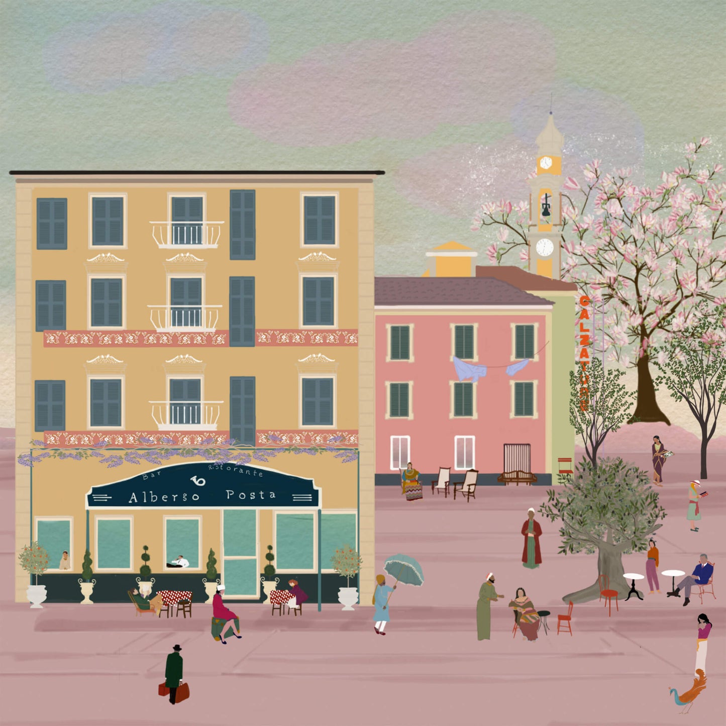 Illustration of Hotel Posta in Cabella Ligure, Italy — a peaceful village setting captured with poetic charm by Maria Aurora Zeiss