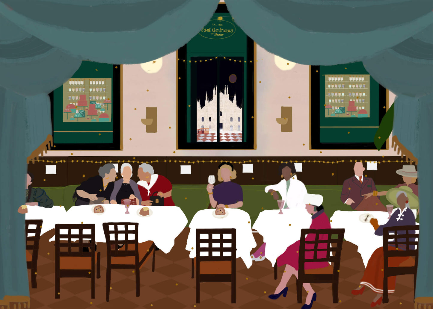 Il Panettone Più Buono – illustration of Sant Ambroeus restaurant with Duomo view in Milan, Italy, by Maria Aurora Zeiss