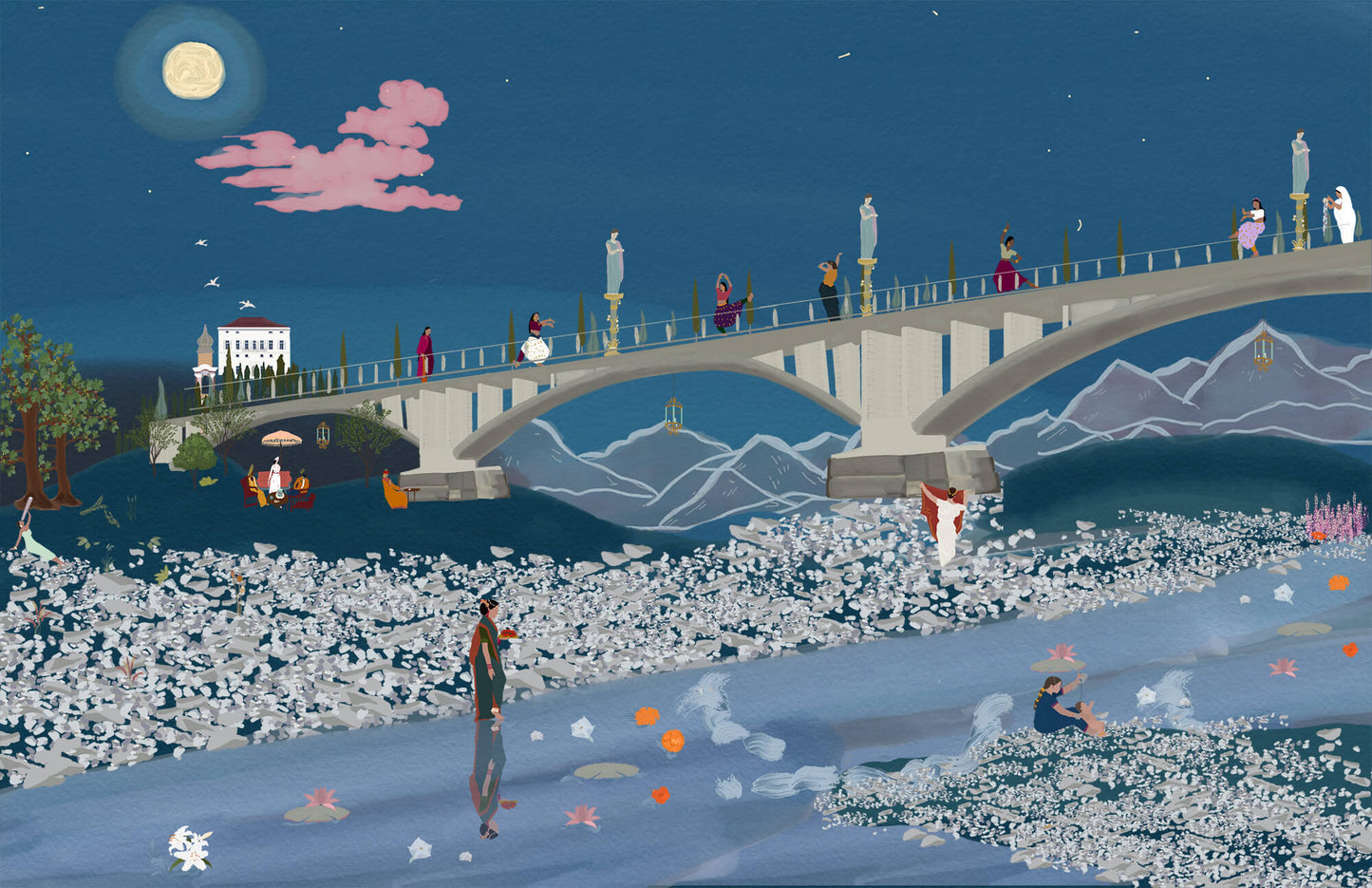 Illustration of Cabella’s Bridge crossing the River Borbera in Cabella Ligure, Italy — a tranquil scene nestled in the Ligurian hills
