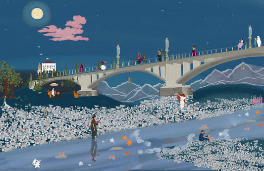 Illustration of Cabella’s Bridge crossing the River Borbera in Cabella Ligure, Italy — a tranquil scene nestled in the Ligurian hills