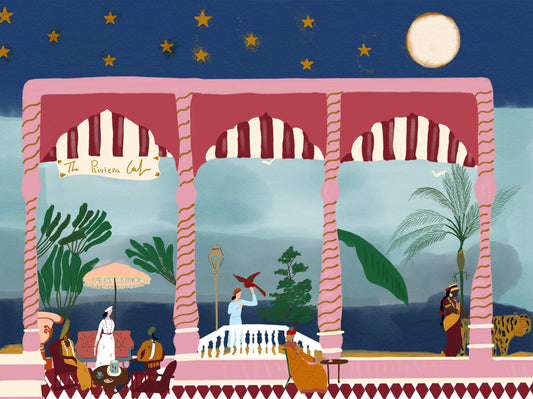 The Riviera Café – illustration of a seaside terrace café on the French Riviera, by Maria Aurora Zeiss