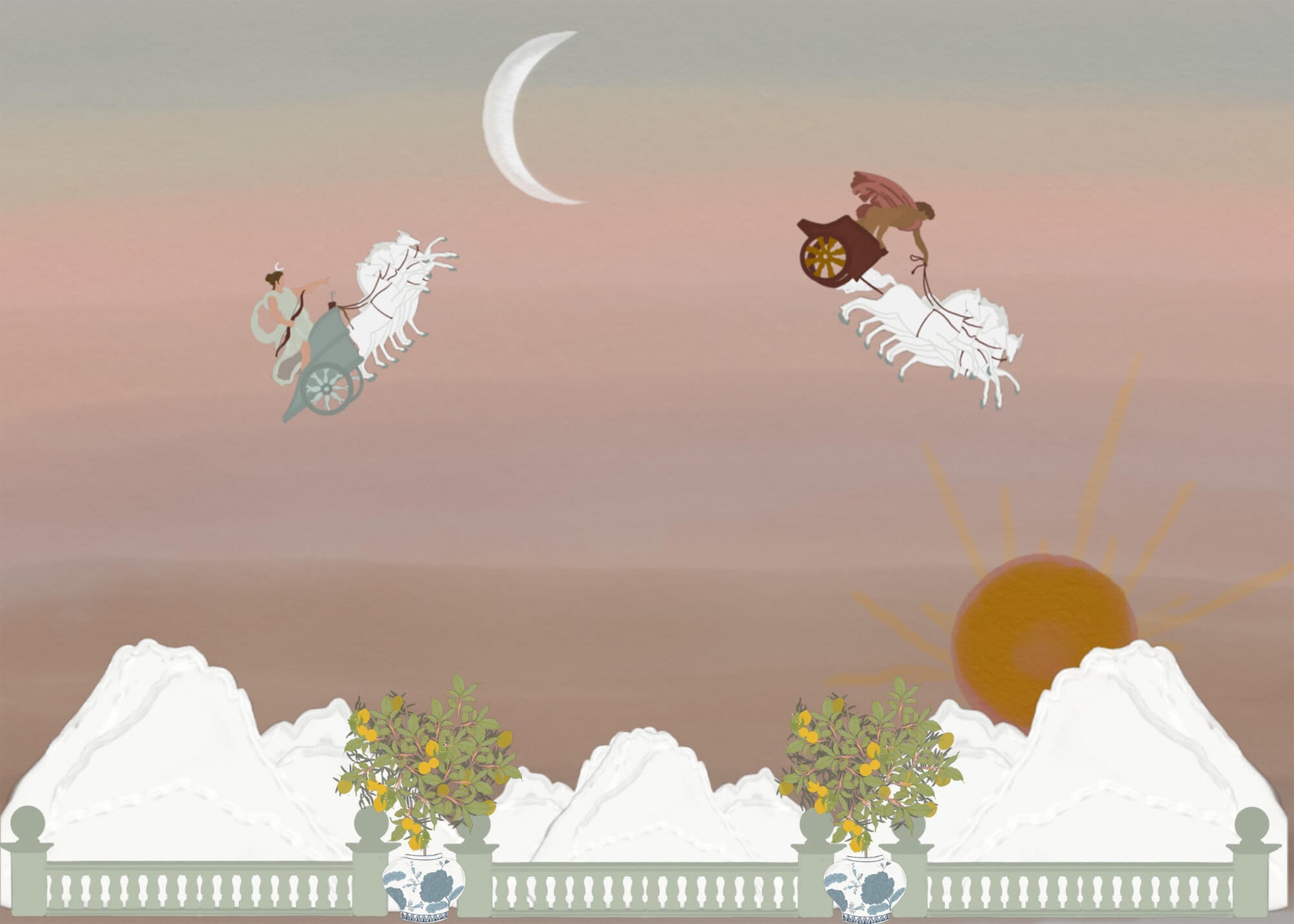 Diana & Apollo – artistic illustration inspired by Greek mythology, symbolizing the sun and moon, by Maria Aurora Zeiss