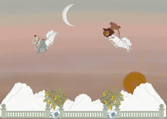 Diana & Apollo – artistic illustration inspired by Greek mythology, symbolizing the sun and moon, by Maria Aurora Zeiss