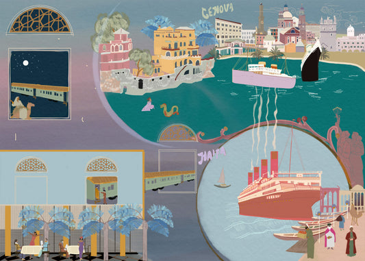 An evocative illustration inspired by the maritime crossroads between Genova, Portofino, and Haifa—reflecting the historic routes, architecture, and spirit of connection across the Mediterranean by Maria Aurora Zeiss
