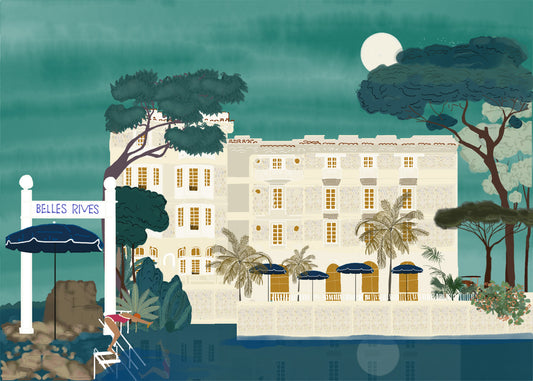 A Dip – illustration of Hôtel Belles Rives in Juan-les-Pins on the French Riviera, by Maria Aurora Zeiss