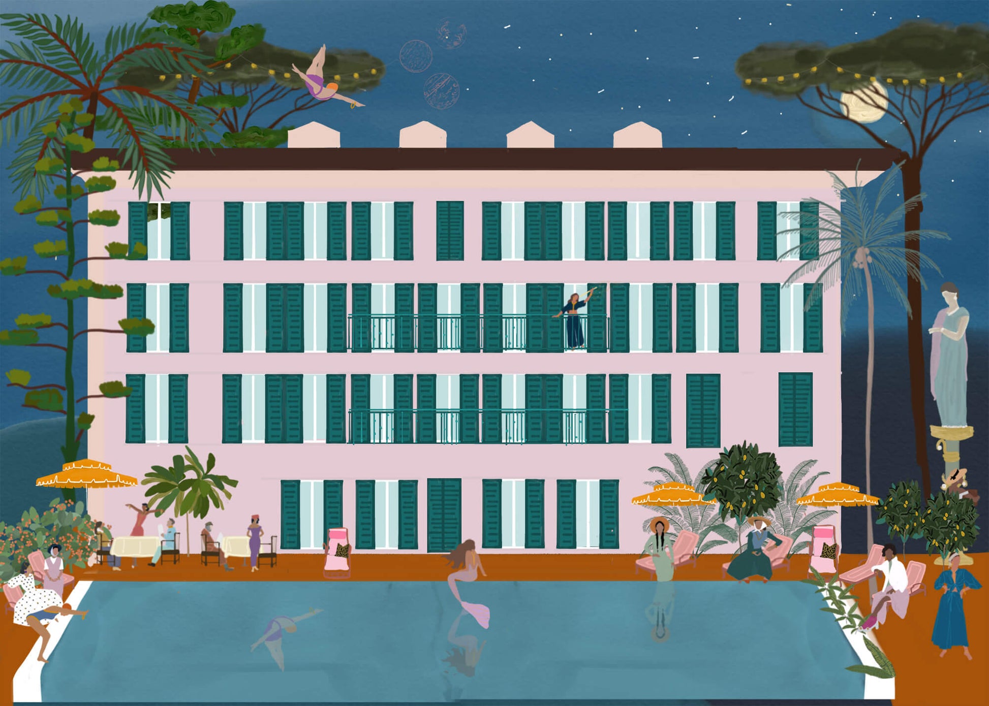 Midnight Swim – illustration of the saltwater pool at Hotel Cenobio dei Dogi in Camogli, Liguria, by Maria Aurora Zeiss
