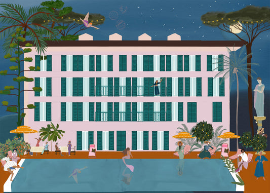 Midnight Swim – illustration of the saltwater pool at Hotel Cenobio dei Dogi in Camogli, Liguria, by Maria Aurora Zeiss
