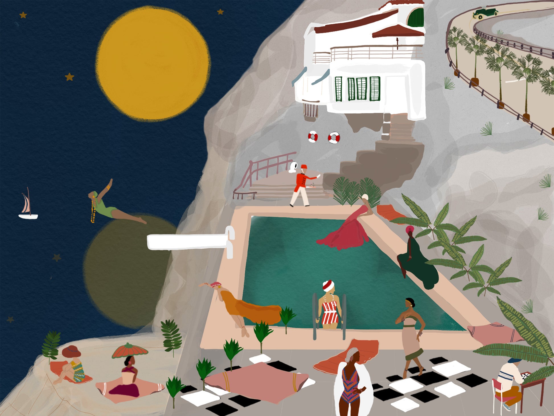 Poolside – illustration of Hôtel du Cap-Eden-Roc in Antibes on the French Riviera, by Maria Aurora Zeiss