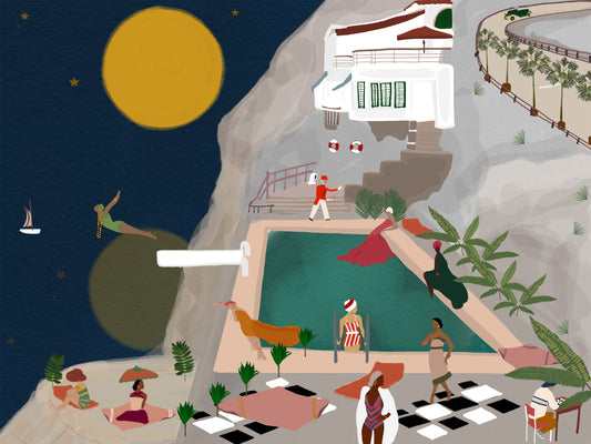 Poolside – illustration of Hôtel du Cap-Eden-Roc in Antibes on the French Riviera, by Maria Aurora Zeiss