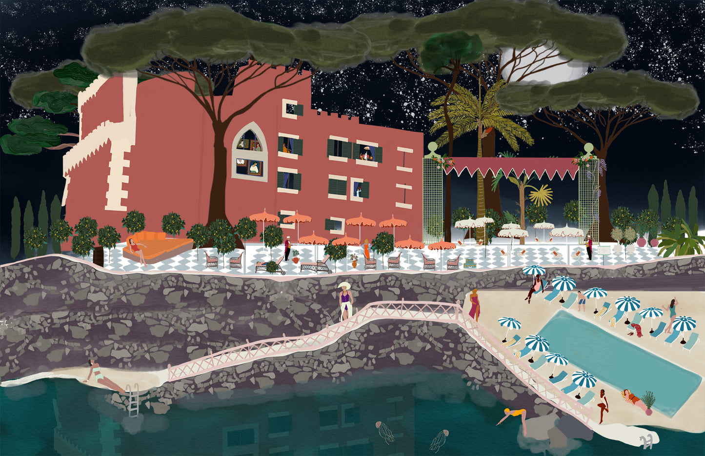 Mezzanotte al Mezzatorre – night poolside illustration of Hotel Mezzatorre in Ischia, Italy, by Maria Aurora Zeiss