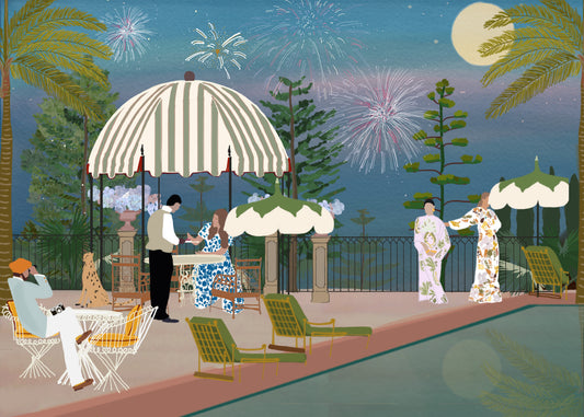 Fireworks Over the Lake – night poolside illustration with fireworks at Hotel Passalacqua on Lake Como, Italy, by Maria Aurora Zeiss
