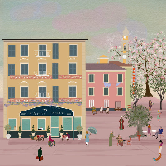 Illustration of Hotel Posta in Cabella Ligure, Italy — a peaceful village setting captured with poetic charm by Maria Aurora Zeiss
