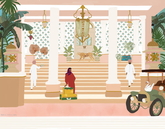 Check-In – illustration of the entrance at Rajmahal Palace in Jaipur, India, by Maria Aurora Zeiss.
