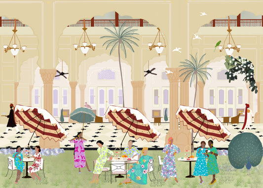 Teatime in the Rambagh Palace – terrace illustration of the Rambagh Palace in Jaipur, India, by Maria Aurora Zeiss.
