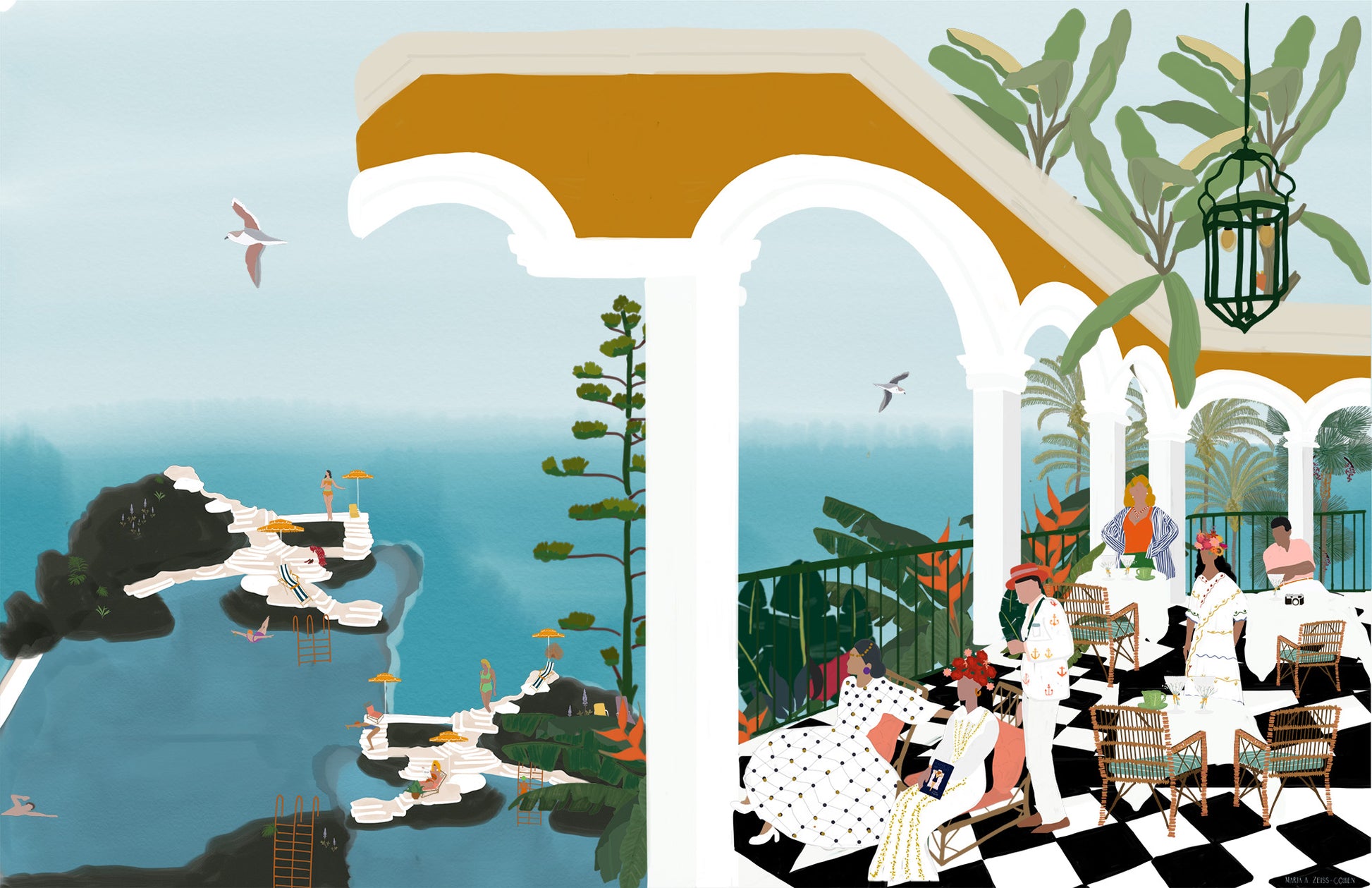 A Terrace – illustration of the terrace at Reid’s Palace in Madeira, Portugal, by Maria Aurora Zeiss
