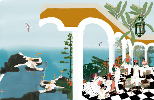 A Terrace – illustration of the terrace at Reid’s Palace in Madeira, Portugal, by Maria Aurora Zeiss
