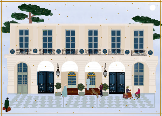 Entering the Ritz – illustration of the check-in entrance at Hôtel Ritz in Paris, France, by Maria Aurora Zeiss