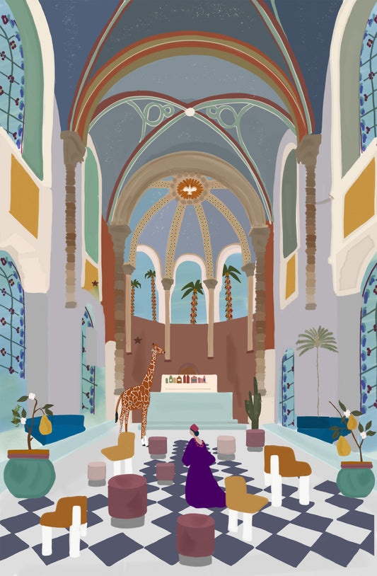 The Chapel – illustration of the chapel bar inside The Jaffa Hotel in Tel Aviv, Israel, by Maria Aurora Zeiss