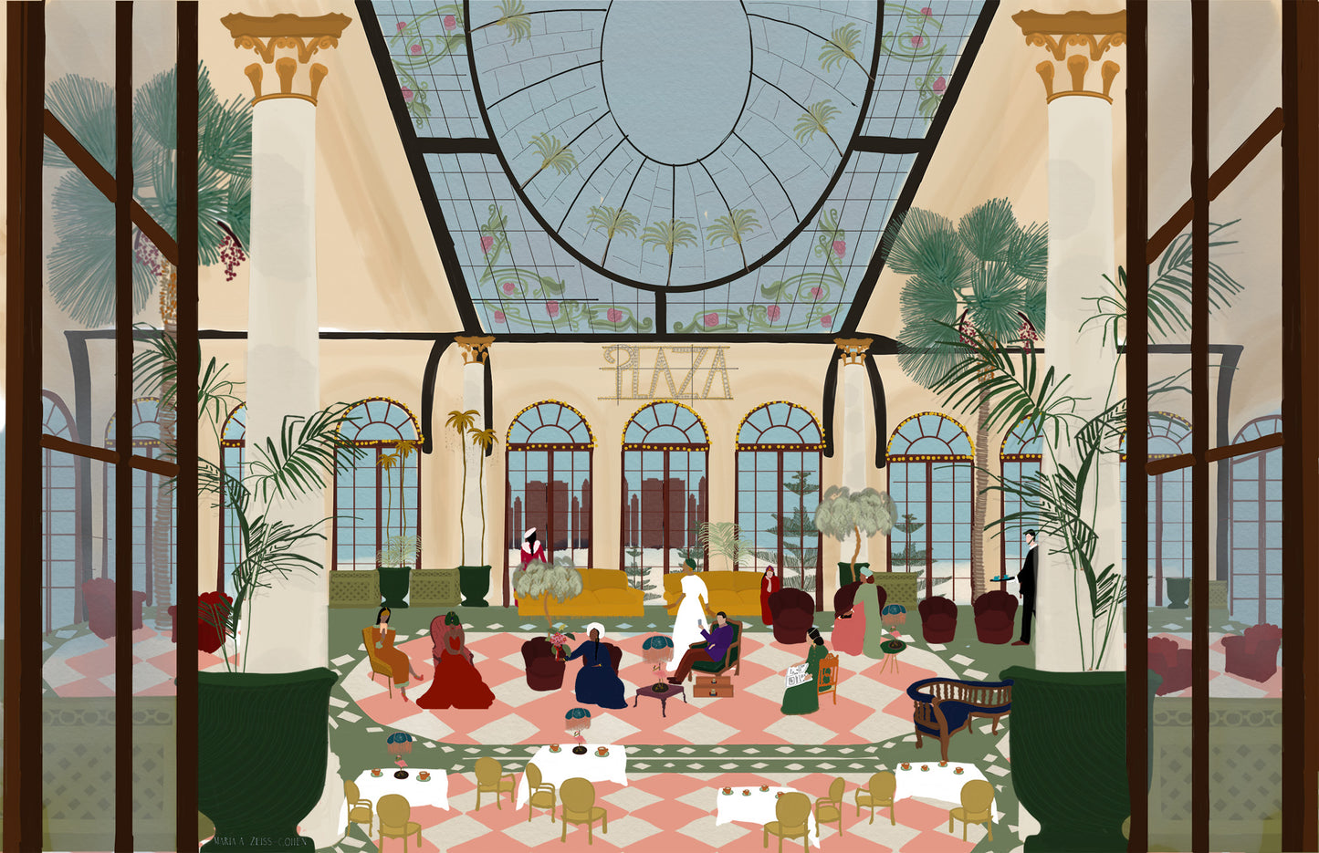 A Grand Lobby – illustration of the main lobby at The Plaza Hotel in New York City, USA, by Maria Aurora Zeiss