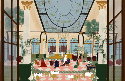 A Grand Lobby – illustration of the main lobby at The Plaza Hotel in New York City, USA, by Maria Aurora Zeiss