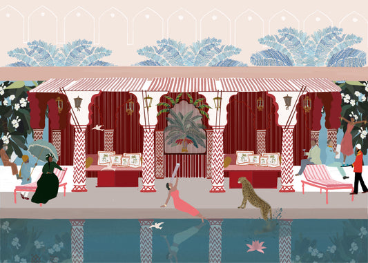 Pink City, Blue Pool – illustration of the poolside at Villa Palladio in Jaipur, India, by Maria Aurora Zeiss