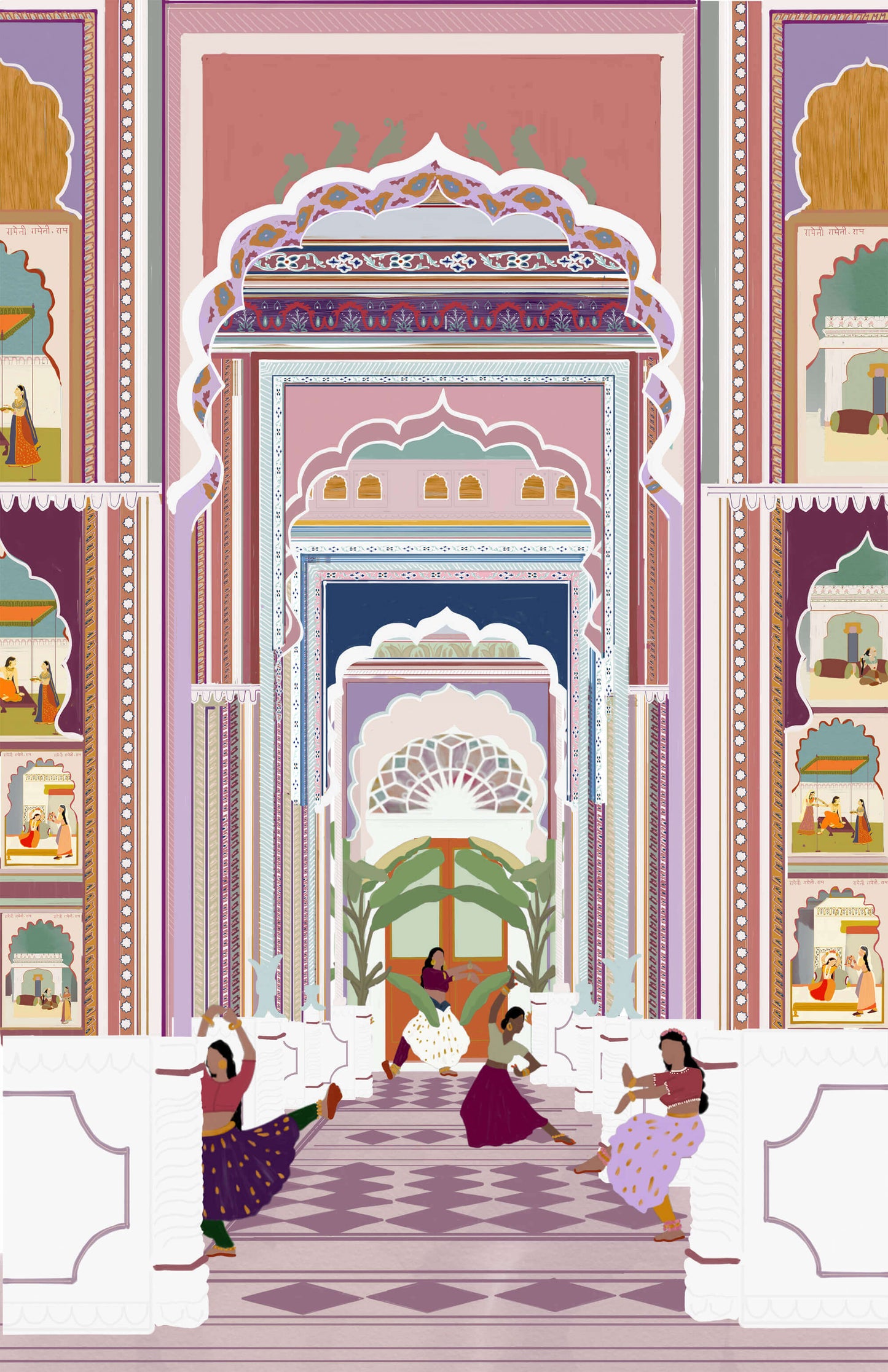 Illustration of Jaipur Patrika Gate in the Pink City of India, celebrating the intricate Mughal-Rajput architecture and warm desert tones, by Maria Aurora Zeiss