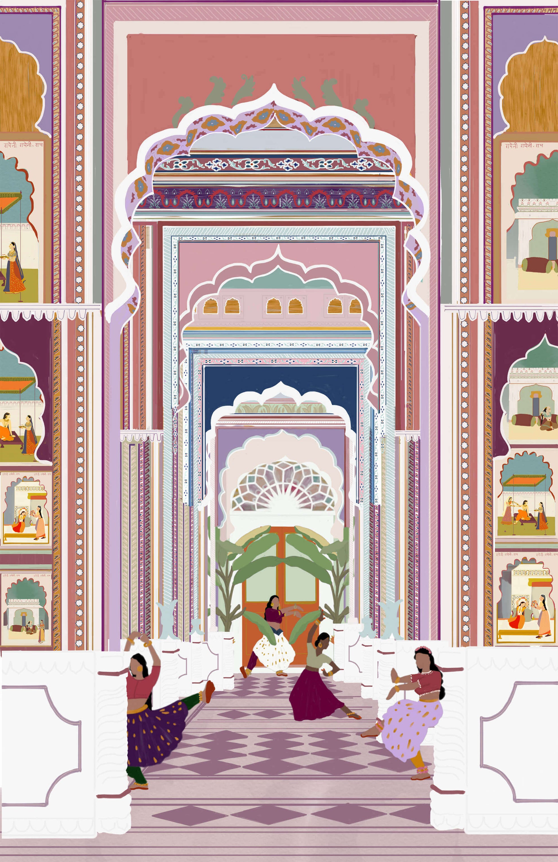 Illustration of Jaipur Patrika Gate in the Pink City of India, celebrating the intricate Mughal-Rajput architecture and warm desert tones, by Maria Aurora Zeiss