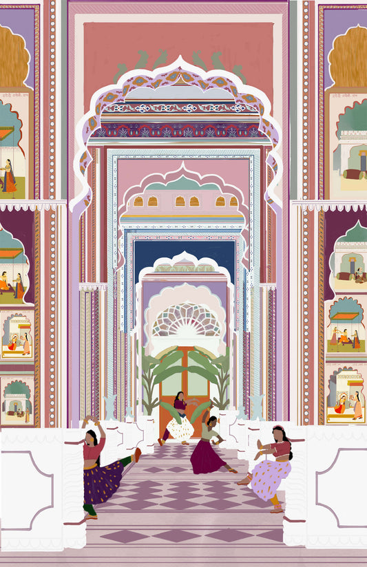 Illustration of Jaipur Patrika Gate in the Pink City of India, celebrating the intricate Mughal-Rajput architecture and warm desert tones, by Maria Aurora Zeiss