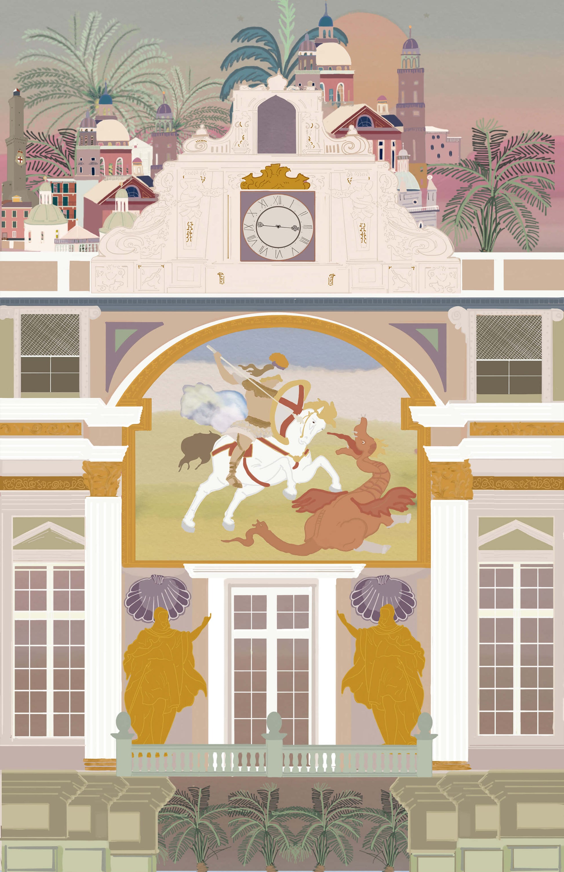 Illustration of the historic Palazzo San Giorgio in Genova, Liguria, Italy, by Maria Aurora Zeiss