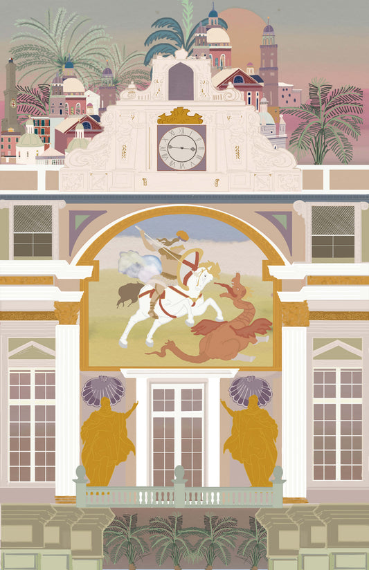Illustration of the historic Palazzo San Giorgio in Genova, Liguria, Italy, by Maria Aurora Zeiss