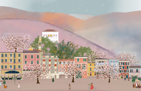 Illustration of Piazza della Vittoria in Cabella Ligure, Italy, featuring Palazzo Doria and its surrounding scenery, by Maria Aurora Zeiss
