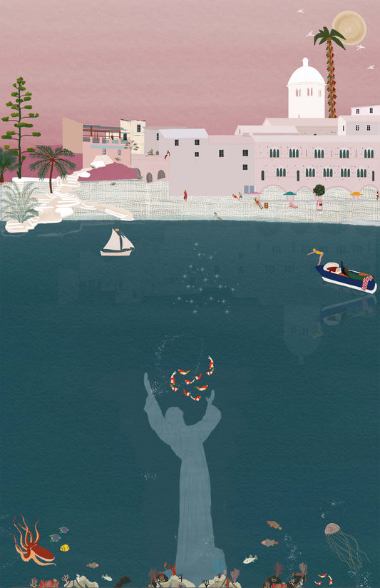 Illustration of the Christ of the Abyss in San Fruttuoso, Liguria, Italy—a serene underwater tribute that has long watched over sailors and fishermen along the Italian Riviera, by Maria Aurora Zeiss