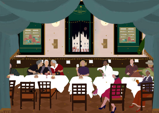 Il Panettone Più Buono – illustration of Sant Ambroeus restaurant with Duomo view in Milan, Italy, by Maria Aurora Zeiss