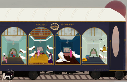 Illustration of a vintage Simplon Orient Express train carriage, capturing the golden age of European rail travel with timeless elegance and detail, by Maria Aurora Zeiss