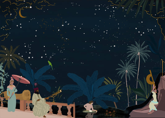 Stargazer – whimsical illustration of a lone figure gazing at the stars, capturing a moment of wonder and reflection, by Maria Aurora Zeiss