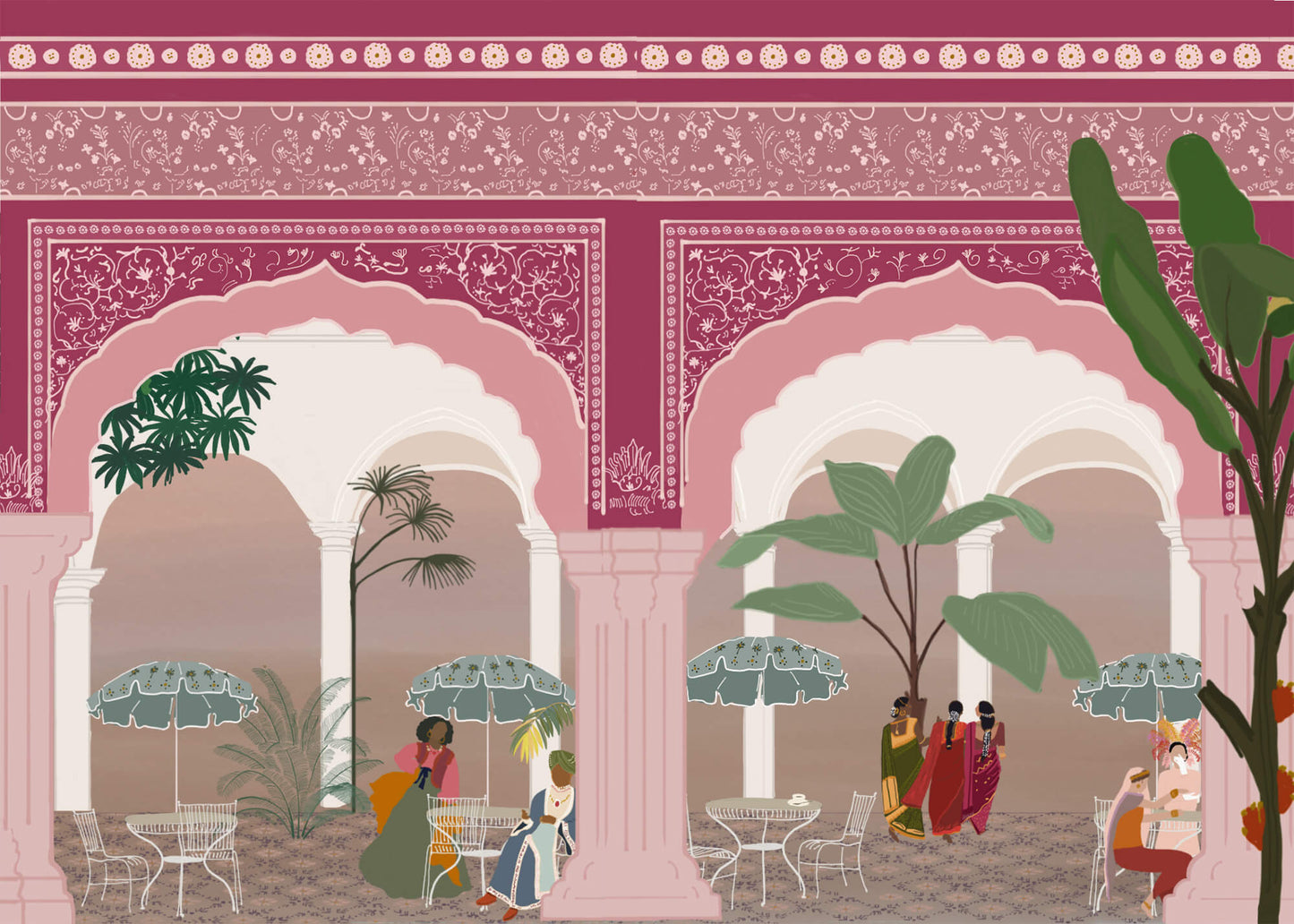 Pink Terrace – illustration of an imaginary café terrace in Jaipur, India, by Maria Aurora Zeiss