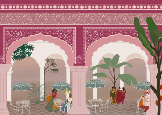 Pink Terrace – illustration of an imaginary café terrace in Jaipur, India, by Maria Aurora Zeiss