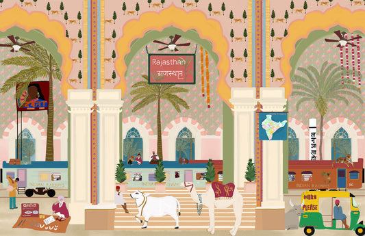 Atmospheric illustration of a bustling Indian train station, evoking movement, color, and daily life, by Maria Aurora Zeiss